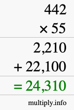 How to calculate 442 times 55 using long multiplication