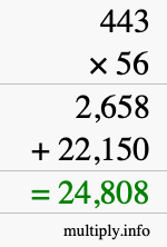 How to calculate 443 times 56 using long multiplication