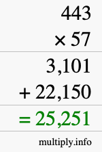 How to calculate 443 times 57 using long multiplication
