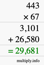 How to calculate 443 times 67 using long multiplication