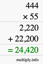How to calculate 444 times 55 using long multiplication