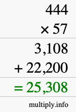 How to calculate 444 times 57 using long multiplication