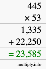 How to calculate 445 times 53 using long multiplication