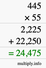 How to calculate 445 times 55 using long multiplication