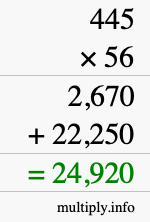 How to calculate 445 times 56 using long multiplication