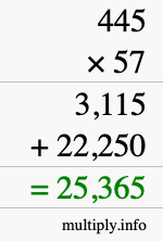How to calculate 445 times 57 using long multiplication