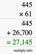 How to calculate 445 times 61 using long multiplication