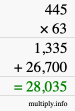How to calculate 445 times 63 using long multiplication