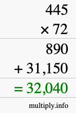 How to calculate 445 times 72 using long multiplication