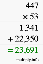 How to calculate 447 times 53 using long multiplication