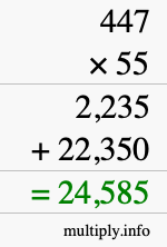 How to calculate 447 times 55 using long multiplication