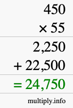 How to calculate 450 times 55 using long multiplication
