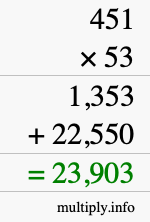 How to calculate 451 times 53 using long multiplication