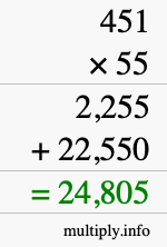 How to calculate 451 times 55 using long multiplication