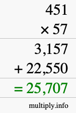 How to calculate 451 times 57 using long multiplication