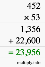 How to calculate 452 times 53 using long multiplication