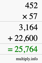 How to calculate 452 times 57 using long multiplication