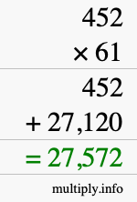 How to calculate 452 times 61 using long multiplication