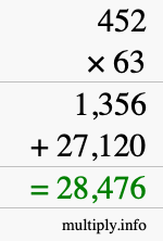 How to calculate 452 times 63 using long multiplication