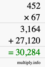 How to calculate 452 times 67 using long multiplication