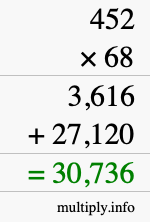 How to calculate 452 times 68 using long multiplication
