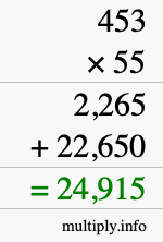 How to calculate 453 times 55 using long multiplication