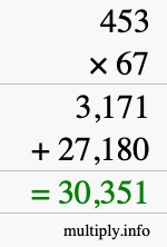 How to calculate 453 times 67 using long multiplication
