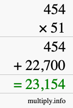 How to calculate 454 times 51 using long multiplication
