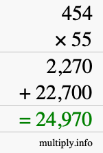 How to calculate 454 times 55 using long multiplication