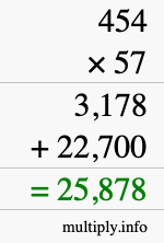 How to calculate 454 times 57 using long multiplication