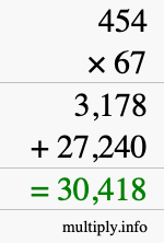 How to calculate 454 times 67 using long multiplication