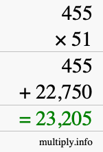 How to calculate 455 times 51 using long multiplication