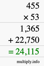 How to calculate 455 times 53 using long multiplication