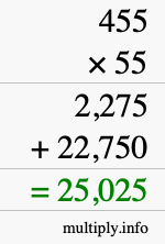 How to calculate 455 times 55 using long multiplication