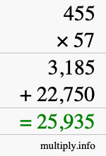 How to calculate 455 times 57 using long multiplication