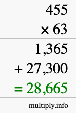How to calculate 455 times 63 using long multiplication