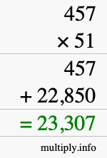 How to calculate 457 times 51 using long multiplication