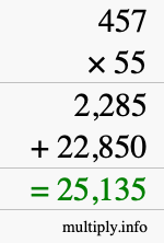 How to calculate 457 times 55 using long multiplication