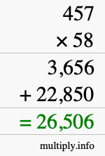How to calculate 457 times 58 using long multiplication