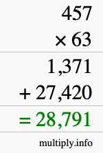 How to calculate 457 times 63 using long multiplication