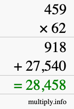 How to calculate 459 times 62 using long multiplication