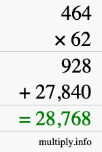 How to calculate 464 times 62 using long multiplication