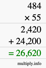 How to calculate 484 times 55 using long multiplication