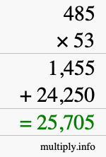 How to calculate 485 times 53 using long multiplication