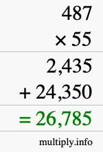 How to calculate 487 times 55 using long multiplication