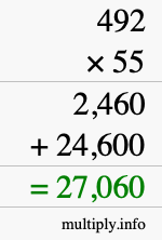 How to calculate 492 times 55 using long multiplication