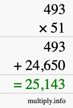 How to calculate 493 times 51 using long multiplication