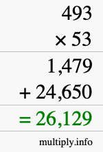 How to calculate 493 times 53 using long multiplication