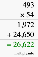 How to calculate 493 times 54 using long multiplication