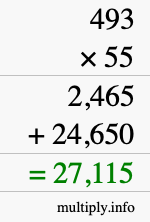 How to calculate 493 times 55 using long multiplication